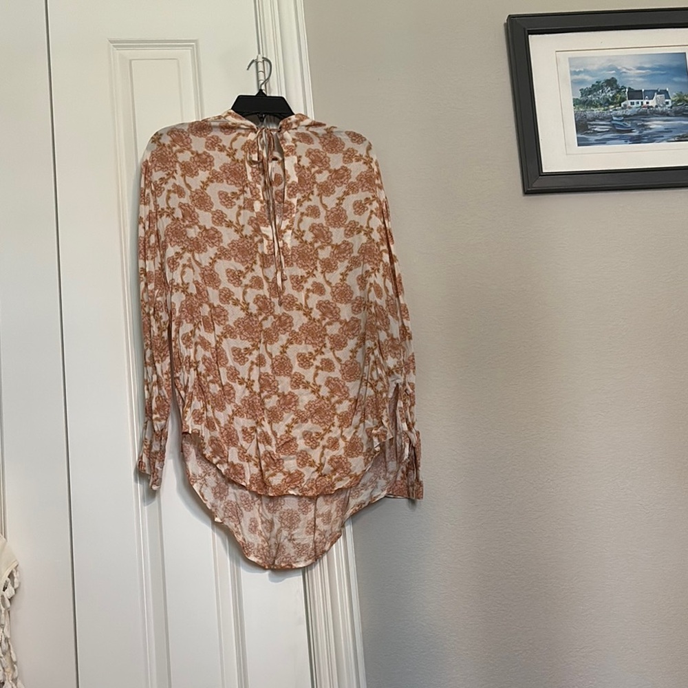 Free People High Low Mandarin Collar Blouse in Brown and Orange